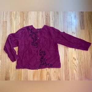 Elegant Wool Burgundy Cardigan with Black Embroidery